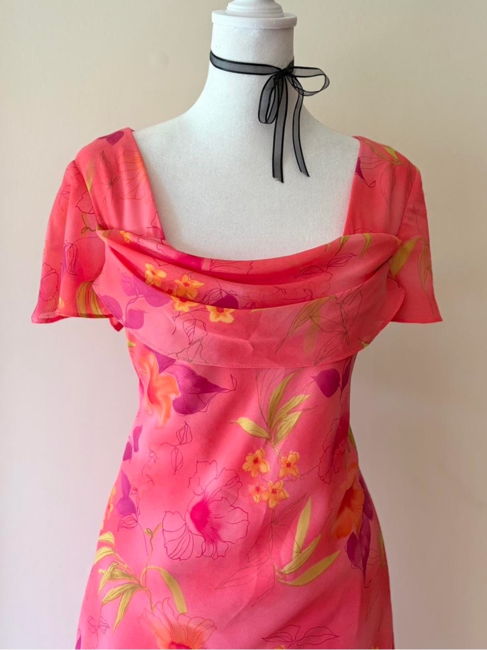 Vintage pink floral midi dress coquette fairy chiffon overlay 90s Y2K summer M - Picture 3 of 11
